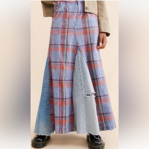 Free People Tricia Fix Plaid Denim Maxi Skirt Reworked Wine Blue - Picture 6 of 6